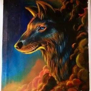 Captivating Acrylic Hand painted Wolf Painting – Majestic Canine Silhouette in Cloudy Sky with a Golden Sunset Palette – Wildlife Art for Elegant Wall Decor